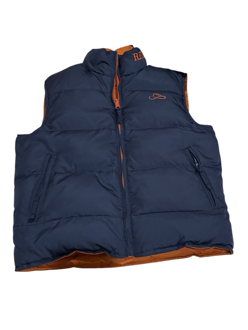 Resistol Boys Youth M Reversible Down Puffer Vest Navy Orange Western Cowboy